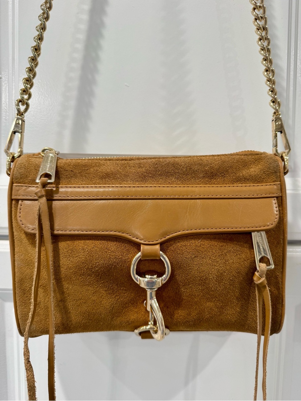 🤎Rebecca Minkoff Mini MAC Cognac Suede Leather Crossbody Bag Chain Strap - Picture 2 of 12